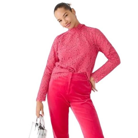 J.Crew Top Womens 6 Pink Scalloped Lace Mock Neck Long Sleeve Classic Preppy - Picture 1 of 9